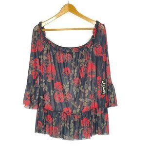 J for Justify Plus Womens Size 2x Sheer Off Shoulder Peplum Blouse Red Black NEW